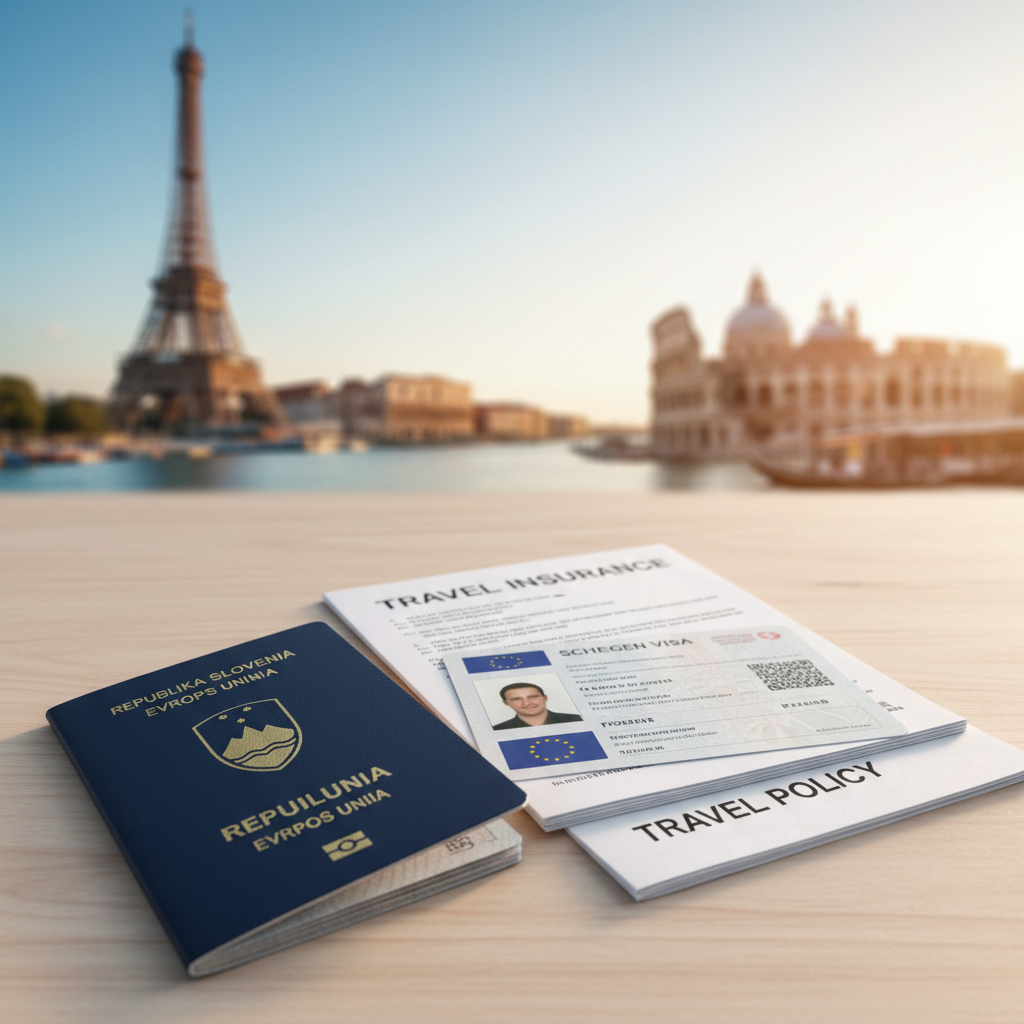 Potni list, Schengen vizum in potrdilo o turističnem zavarovanju z evropskimi znamenitostmi v ozadju