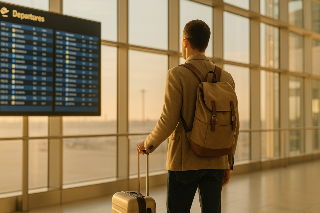 Pogost potovalec s kovčkom na letališču, koncept letnega turističnega zavarovanja za pogoste potovalce